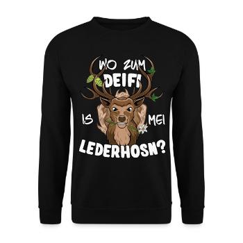 Wo zum Deifi is mei Lederhosn Ersatz Tracht - Unisex Pullover - Schwarz - Vorne - Alina (178cm) & Michal (187cm)