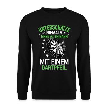 Alter Mann mit einem Dartpfeil Darts Dartspieler - Unisex Pullover - Schwarz - Vorne - Alina (178cm) & Michal (187cm)