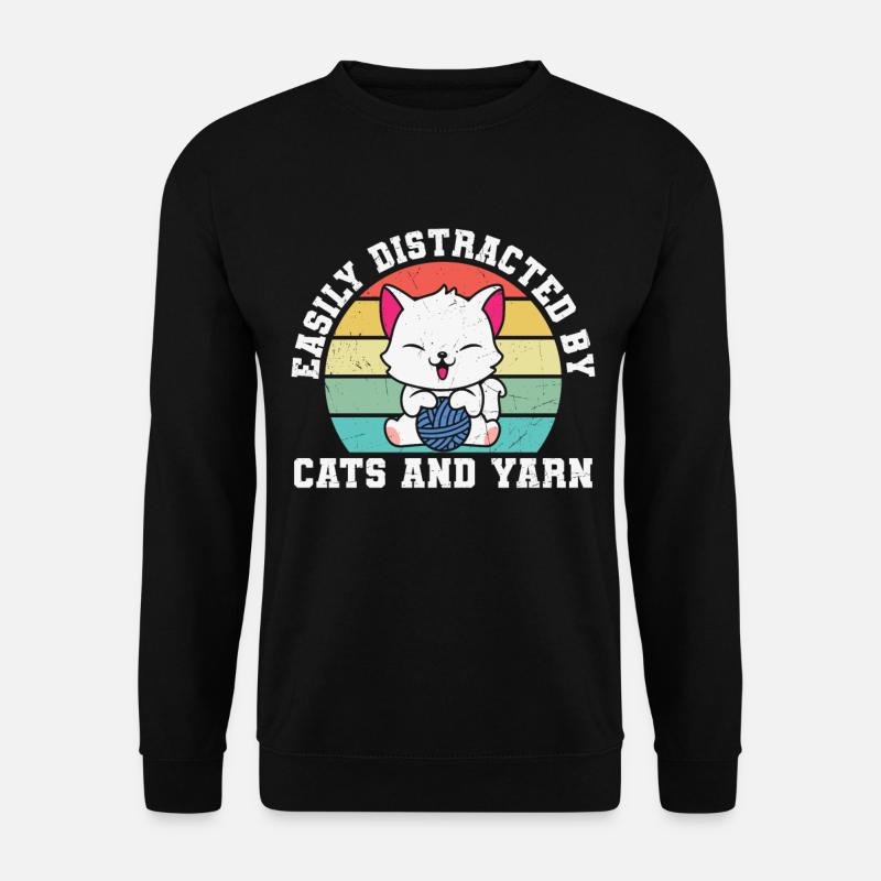 Easily Distracted By Cats And Yarn Crocheter Nähen - Unisex Pullover - Schwarz