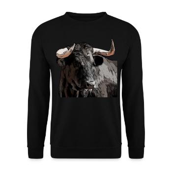 Stier Bulle Kuh Tier Motiv Aufdruck Ochse - Unisex Pullover - Schwarz - Vorne - Alina (178cm) & Michal (187cm)