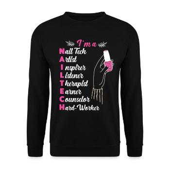 Nail Tech Quote Work Uniform Nail - Unisex Pullover - Schwarz - Vorne - Alina (178cm) & Michal (187cm)