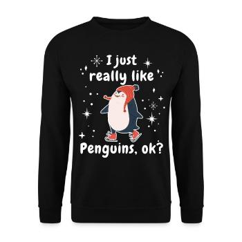 Witzig Pinguin Zoo i just really like penguins ok - Unisex Pullover - Schwarz - Vorne - Alina (178cm) & Michal (187cm)