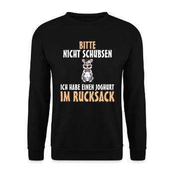 Bitte nicht schubsen ich habe Joghurt im Rucksack - Unisex Pullover - Schwarz - Vorne - Alina (178cm) & Michal (187cm)