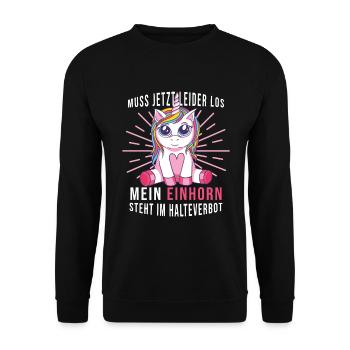 Muss jetzt los mein Einhorn steht im Halteverbot - Unisex Pullover - Schwarz - Vorne - Alina (178cm) & Michal (187cm)