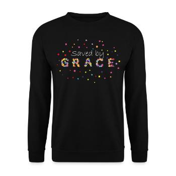 Sauvé par la grâce Jésus Bible Dicton chrétien - Sweat-shirt Unisexe - noir - Devant - Alina (178cm) & Michal (187cm)