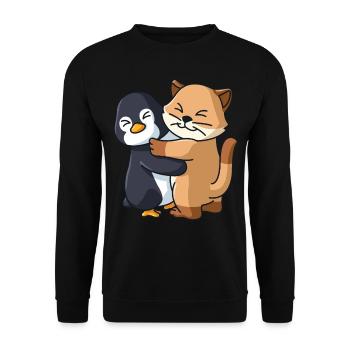 Pinguin und Katze niedliche Tiere knuddeln - Unisex Pullover - Schwarz - Vorne - Alina (178cm) & Michal (187cm)