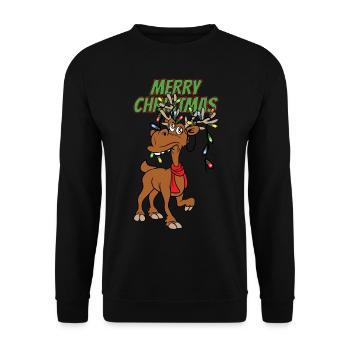 Merry Christmas Lustiges Rentier Weihnachtsmotiv - Unisex Pullover - Schwarz - Vorne - Alina (178cm) & Michal (187cm)