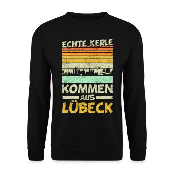 Lübeck | Lustige Männer Geschenke - Unisex Pullover - Schwarz - Vorne - Alina (178cm) & Michal (187cm)
