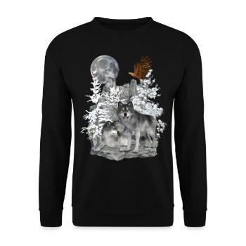 Wolves on rocks with eagle and moon - Unisex Sweatshirt - black - Front - Alina (178cm) & Michal (187cm)