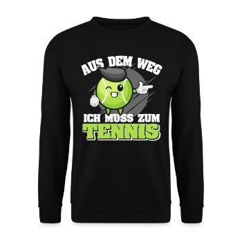 Lustiger Tennisspieler Cartoon ich muss zum Tennis - Unisex Pullover - Schwarz - Vorne - Alina (178cm) & Michal (187cm)