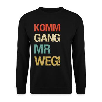 Schwabischer Spruch im Retro Farbdesign - Unisex Pullover - Schwarz - Vorne - Alina (178cm) & Michal (187cm)