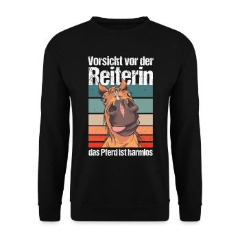 Vorsicht vor der Reiterin das Pferd ist harmlos - Unisex Pullover - Schwarz - Vorne - Alina (178cm) & Michal (187cm)