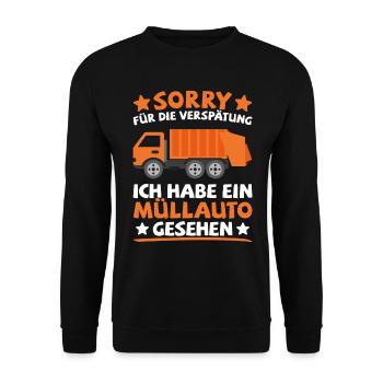 Müllauto Müllfahrzeug Müllmann Müllwagen Geschenk - Unisex Pullover - Schwarz - Vorne - Alina (178cm) & Michal (187cm)
