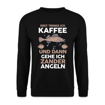Angeln Kaffee Zander Angler - Unisex Pullover - Schwarz - Vorne - Alina (178cm) & Michal (187cm)