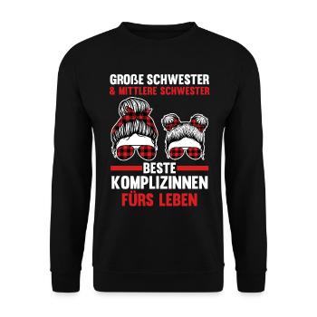 Große und Mittlere Schwester - Unisex Pullover - Schwarz - Vorne - Alina (178cm) & Michal (187cm)