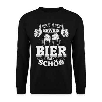 Bier Spruch Ich bin der Beweis Bier macht schön I - Unisex Pullover - Schwarz - Vorne - Alina (178cm) & Michal (187cm)