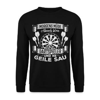 Dart Spieler I Morgens müde Abends Blau Ich bin - Unisex Pullover - Schwarz - Vorne - Alina (178cm) & Michal (187cm)