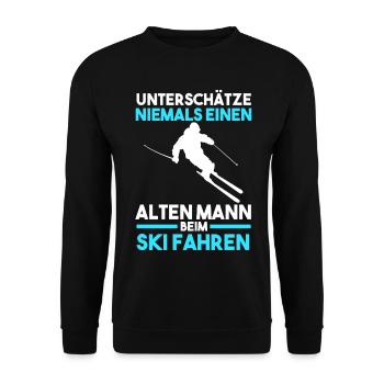 Unterschätze niemals einen alten Mann beim Skifahr - Unisex Pullover - Schwarz - Vorne - Alina (178cm) & Michal (187cm)