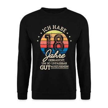 18. Geburtstag Habe 18 Jahre Gebraucht Geschenk - Unisex Pullover - Schwarz - Vorne - Alina (178cm) & Michal (187cm)
