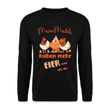 Hühner - Meine Mädels haben mehr Eier als du - Unisex Pullover - Schwarz - Vorne - Alina (178cm) & Michal (187cm)