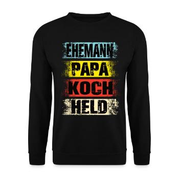 Ehemann Papa Koch Held - Unisex Pullover - Schwarz - Vorne - Alina (178cm) & Michal (187cm)