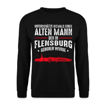 Flensburg Stadt Skyline | Alter Mann Flensburger - Unisex Pullover - Schwarz - Vorne - Alina (178cm) & Michal (187cm)