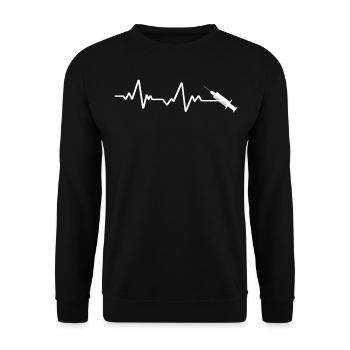 Weisse Spritze Mit Herzschlaglinie - Unisex Pullover - Schwarz - Vorne - Alina (178cm) & Michal (187cm)