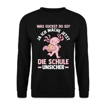Schulkind Axolotl Schüler Schulanfang Einschulung - Unisex Pullover - Schwarz - Vorne - Alina (178cm) & Michal (187cm)
