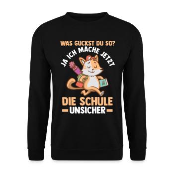 Schulkind Katze Schüler Schulanfang Einschulung - Unisex Pullover - Schwarz - Vorne - Alina (178cm) & Michal (187cm)