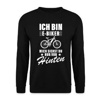 Ich bin E-Biker mich siehst du nur von hinten - Unisex Pullover - Schwarz - Vorne - Alina (178cm) & Michal (187cm)