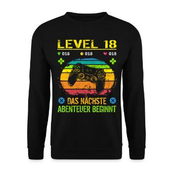 Geburtstag Gamer Level 18 Geburtstagsshirt Männer - Unisex Pullover - Schwarz - Vorne - Alina (178cm) & Michal (187cm)