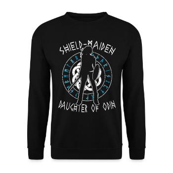 Shield-Maiden - Daughter of Odin - Lagertha Viking - Unisex Pullover - Schwarz - Vorne - Alina (178cm) & Michal (187cm)