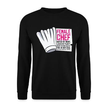 Weiblicher Chefkoch Kochen Mahlzeiten - Unisex Pullover - Schwarz - Vorne - Alina (178cm) & Michal (187cm)