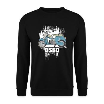 DS50 / Schwalbenfahrer / Ostalgie / Mofa Oldtimer - Unisex Pullover - Schwarz - Vorne - Alina (178cm) & Michal (187cm)