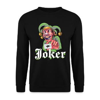 Joker mit Spielkarte - Unisex Pullover - Schwarz - Vorne - Alina (178cm) & Michal (187cm)