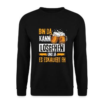 Bin da kann losgehen ja es eskaliert eh Bier - Unisex Pullover - Schwarz - Vorne - Alina (178cm) & Michal (187cm)
