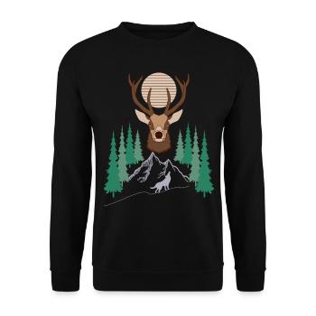 Deer motif in the forest in the mountains with wolf - Unisex Sweatshirt - black - Front - Alina (178cm) & Michal (187cm)