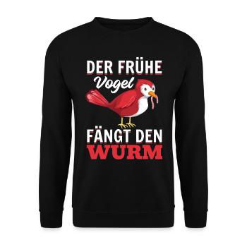 Frühaufsteher - Der Frühe Vogel Fängt Den Wurm - Unisex Pullover - Schwarz - Vorne - Alina (178cm) & Michal (187cm)