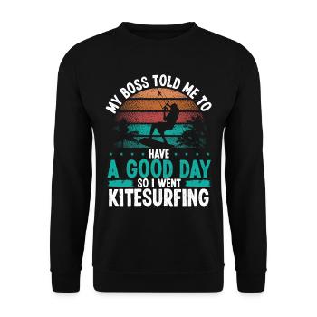 Kiteboard Mon patron m’a dit Bonne Journée Kitesurf - Sweat-shirt Unisexe - noir - Devant - Alina (178cm) & Michal (187cm)