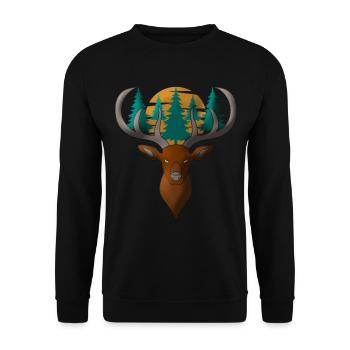 Hirsch Kopf Motiv mit Wald und Vollmond - Unisex Pullover - Schwarz - Vorne - Alina (178cm) & Michal (187cm)