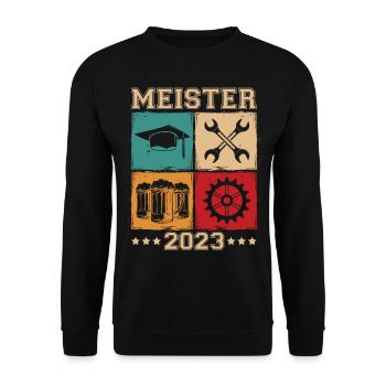 Meister 2023 Mechaniker Meistertitel Geschenk - Unisex Pullover - Schwarz - Vorne - Alina (178cm) & Michal (187cm)