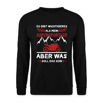 Gibt Wichtigeres Als Supersportler Motorradfahrer - Unisex Pullover - Schwarz - Vorne - Alina (178cm) & Michal (187cm)