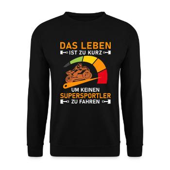 Leben Zu Kurz Supersportler I Motorradfahrer Tacho - Unisex Pullover - Schwarz - Vorne - Alina (178cm) & Michal (187cm)
