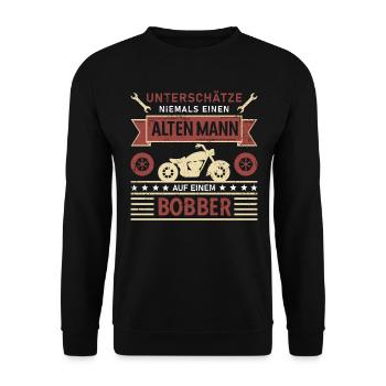 Unterschätze Alten Mann Bobber Biker Motorrad Opa - Unisex Pullover - Schwarz - Vorne - Alina (178cm) & Michal (187cm)
