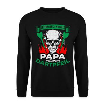 Unterschätze niemals Papa mit einem Dartpfeil Dart - Unisex Pullover - Schwarz - Vorne - Alina (178cm) & Michal (187cm)