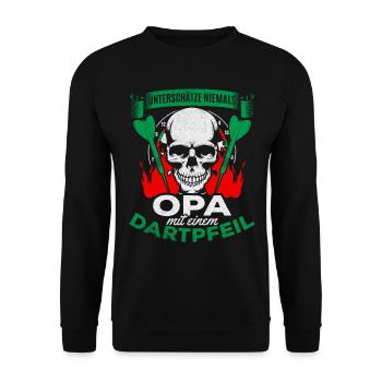 Unterschätze niemals Opa mit einem Dartpfeil - Unisex Pullover - Schwarz - Vorne - Alina (178cm) & Michal (187cm)