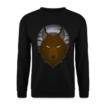 Wolfskopf wildes Tier Motiv Aufdruck mit Wolf Mond - Unisex Pullover - Schwarz - Vorne - Alina (178cm) & Michal (187cm)