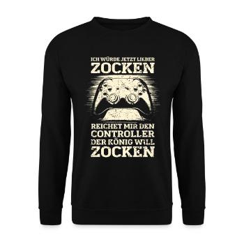 Der König will zocken Gamer Spruch mit Controller - Unisex Pullover - Schwarz - Vorne - Alina (178cm) & Michal (187cm)