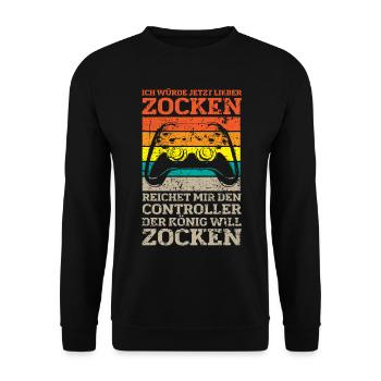 Der König will zocken Gamer Spruch mit Controller - Unisex Pullover - Schwarz - Vorne - Alina (178cm) & Michal (187cm)