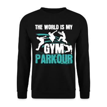 Die Welt ist mein Fitnessstudio Parkour Freies Lau - Unisex Pullover - Schwarz - Vorne - Alina (178cm) & Michal (187cm)